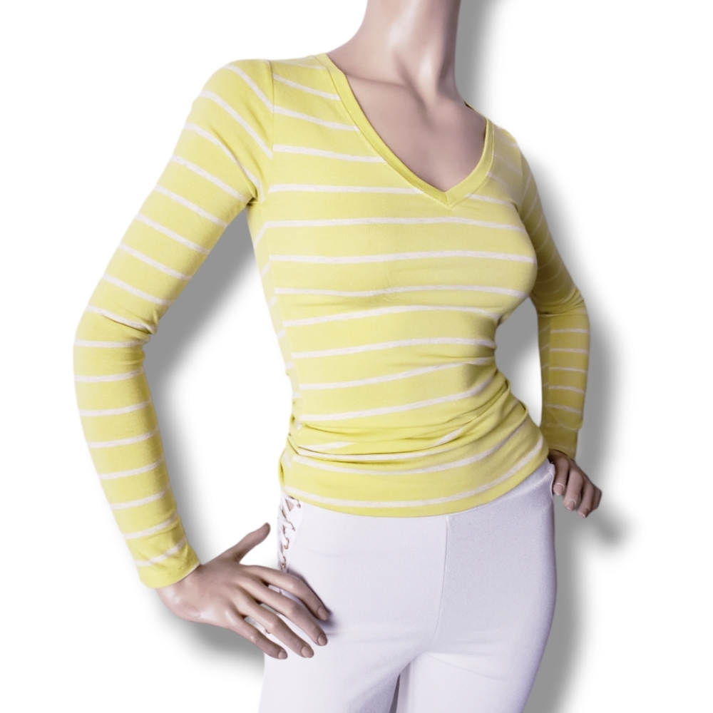 Heart & Hips Yellow & White Striped V-Neck Long Sleeve Top